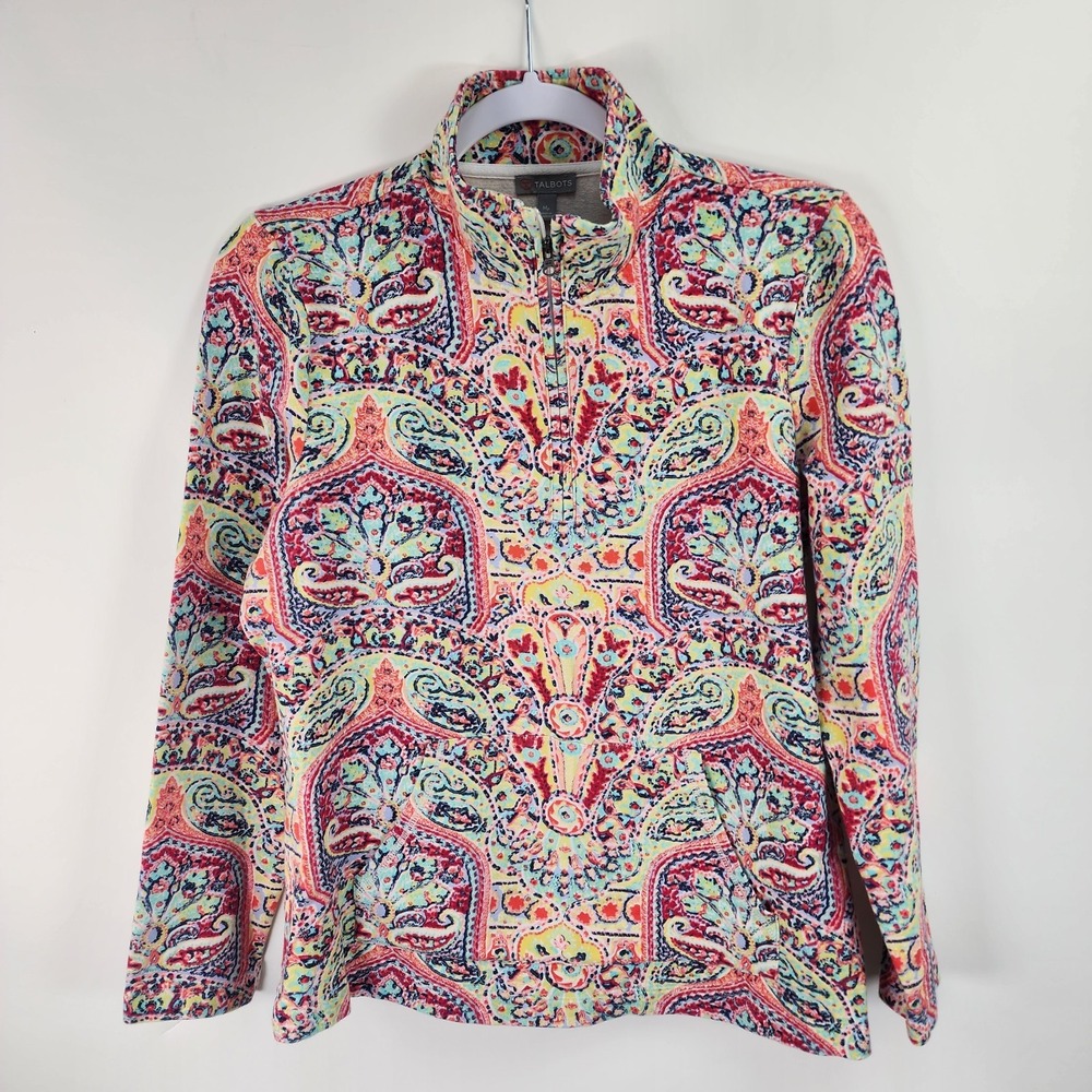 Talbots Quarter Zip Pullover Top Women's MP Resort Wear Beach Paisley Multicolor